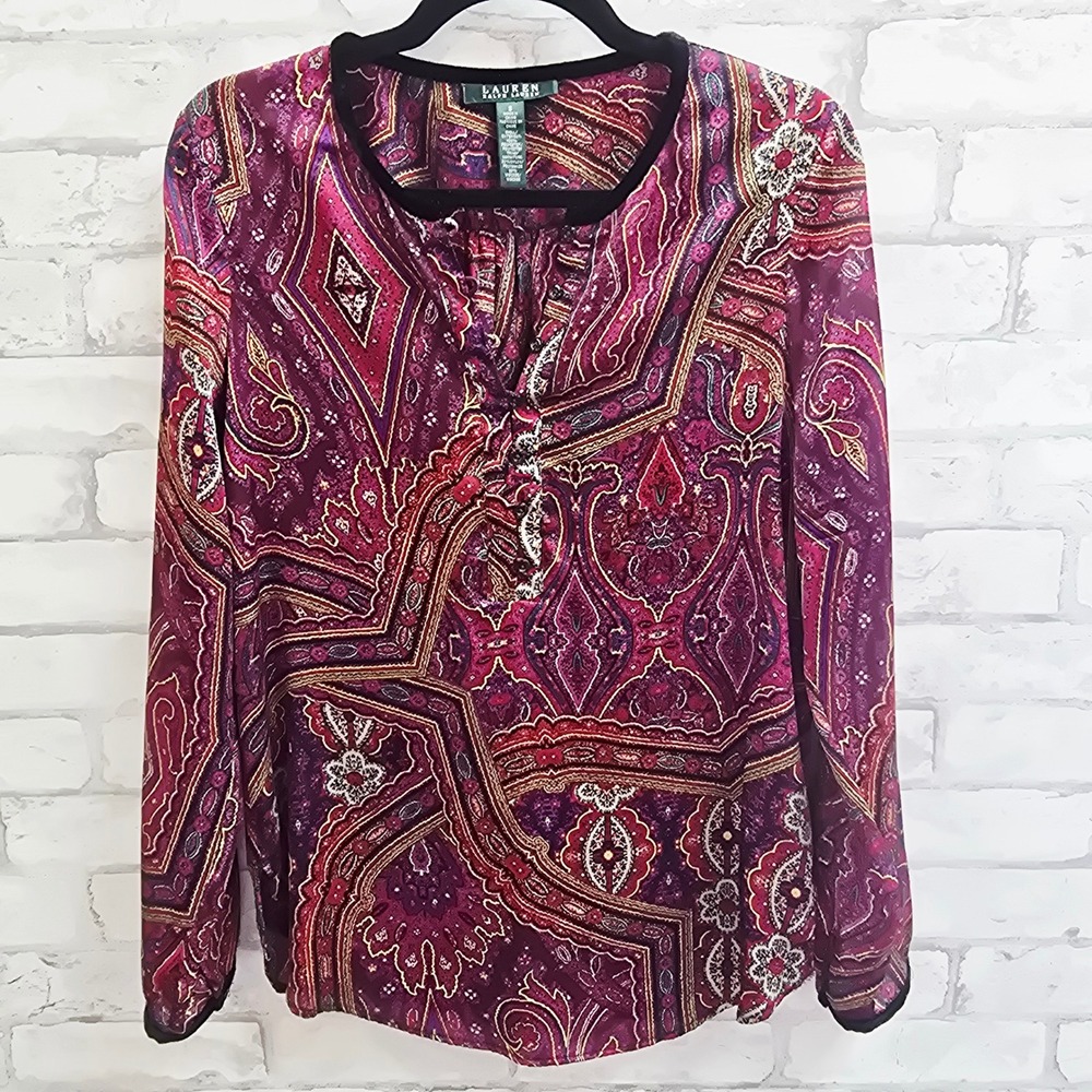 Lauren Ralph Lauren Womens Paisley Velvet Trim Henley Blouse Purple Berry Small